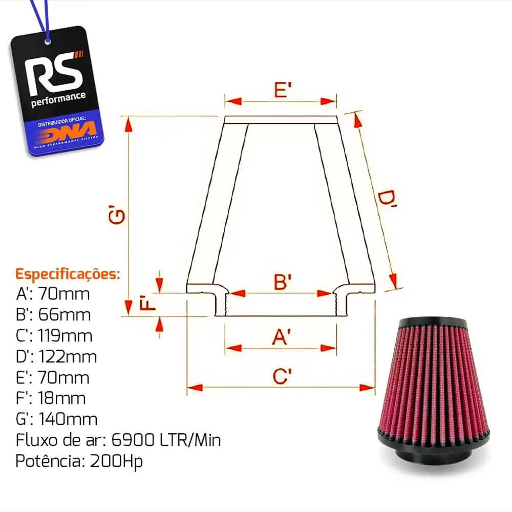 Filtro De Ar Esportivo Dna Universal Cônico De 2.5 Pol