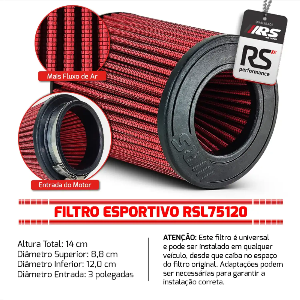 Filtro De Ar Esportivo Duplo Fluxo 3 Pol Altura 120m Fdl Vm