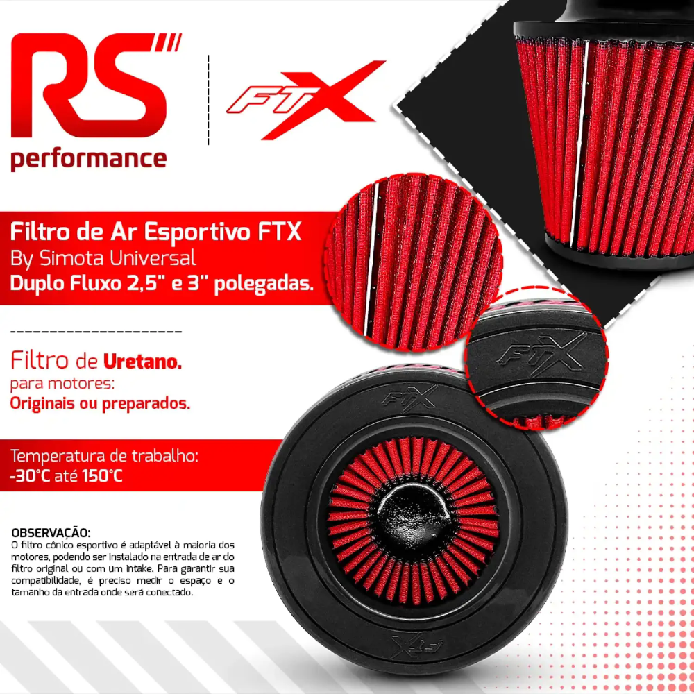 Filtro De Ar Esportivo Duplo Fluxo 2,5 - 3 Pol Universal