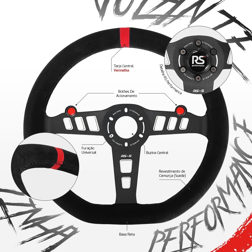Volante Esportivo Street RS Performance RS-S em Suede com Detalhe Vermelho