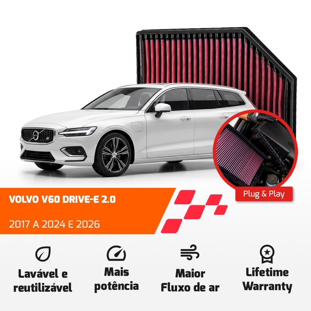 FILTRO DE AR ESPORTIVO K&N VOLVO S60 S90 V60 V90 XC60 XC90 2.0 2016 EM DIANTE 33-3065