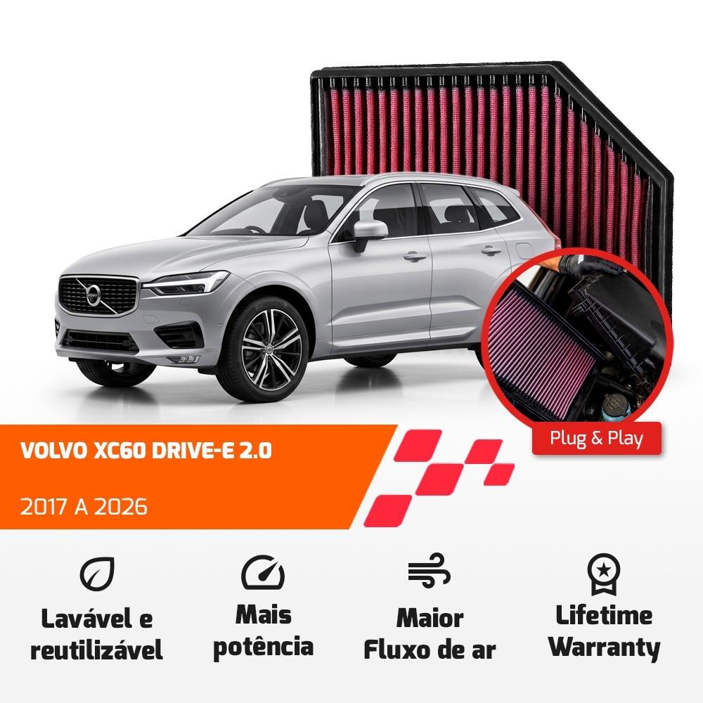 FILTRO DE AR ESPORTIVO K&N VOLVO S60 S90 V60 V90 XC60 XC90 2.0 2016 EM DIANTE 33-3065
