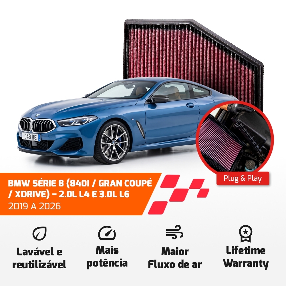 FILTRO DE AR ESPORTIVO K&N BMW SÉRIES 5 / 7 / 8 X3 X4 X5 X6 X7 2.0L L4 E 3.0L L6 DE 2015 EM DIANTE 33-3079