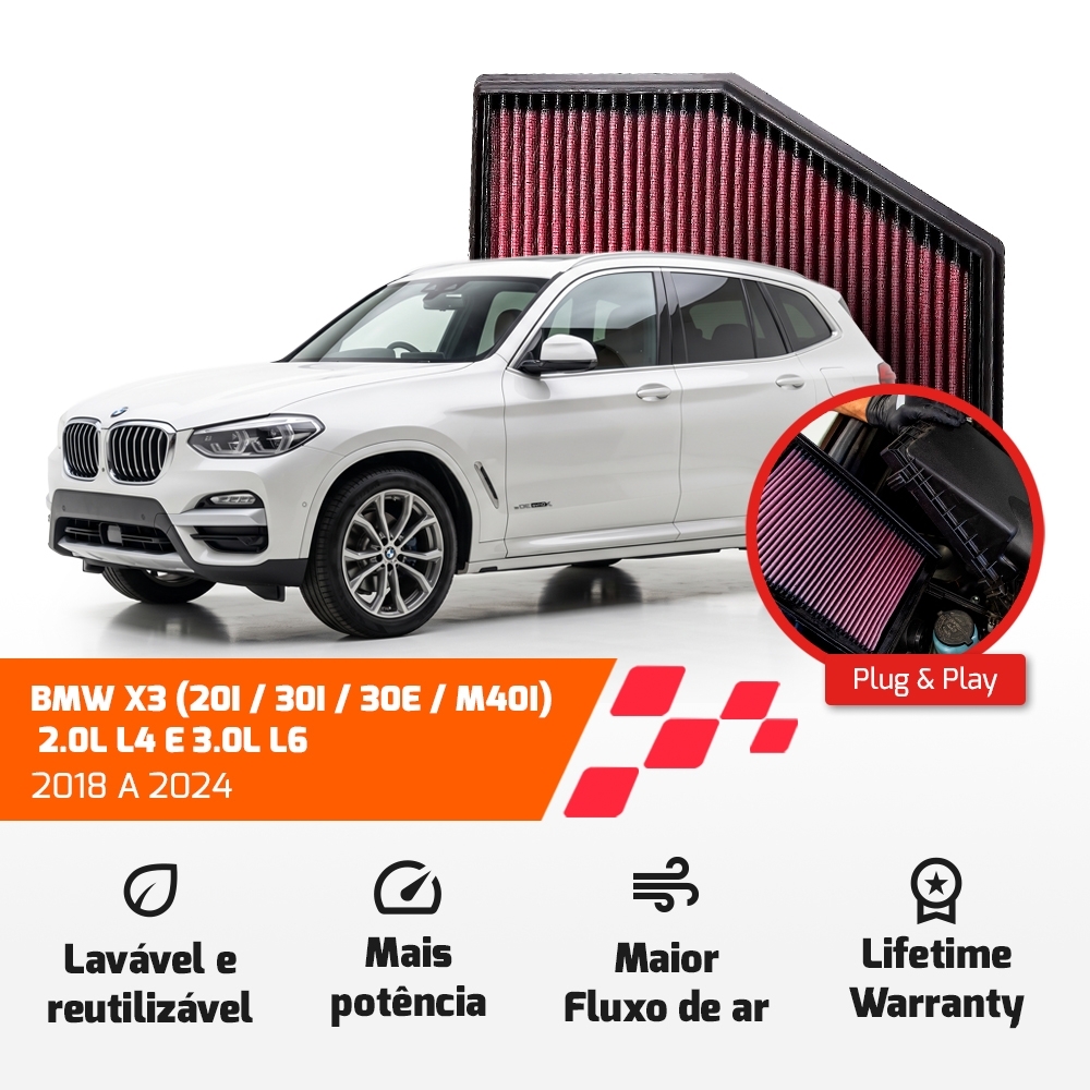 FILTRO DE AR ESPORTIVO K&N BMW SÉRIES 5 / 7 / 8 X3 X4 X5 X6 X7 2.0L L4 E 3.0L L6 DE 2015 EM DIANTE 33-3079