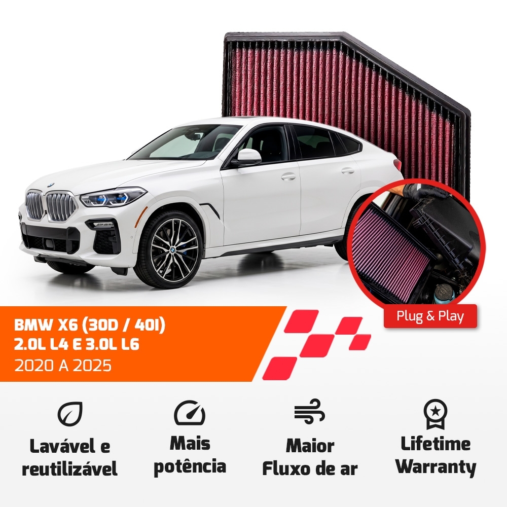 FILTRO DE AR ESPORTIVO K&N BMW SÉRIES 5 / 7 / 8 X3 X4 X5 X6 X7 2.0L L4 E 3.0L L6 DE 2015 EM DIANTE 33-3079