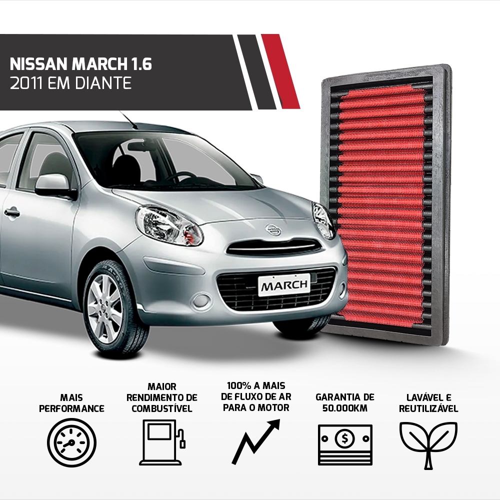 Filtro De Ar Esportivo Nissan March 1.6 2011 Em Diante
