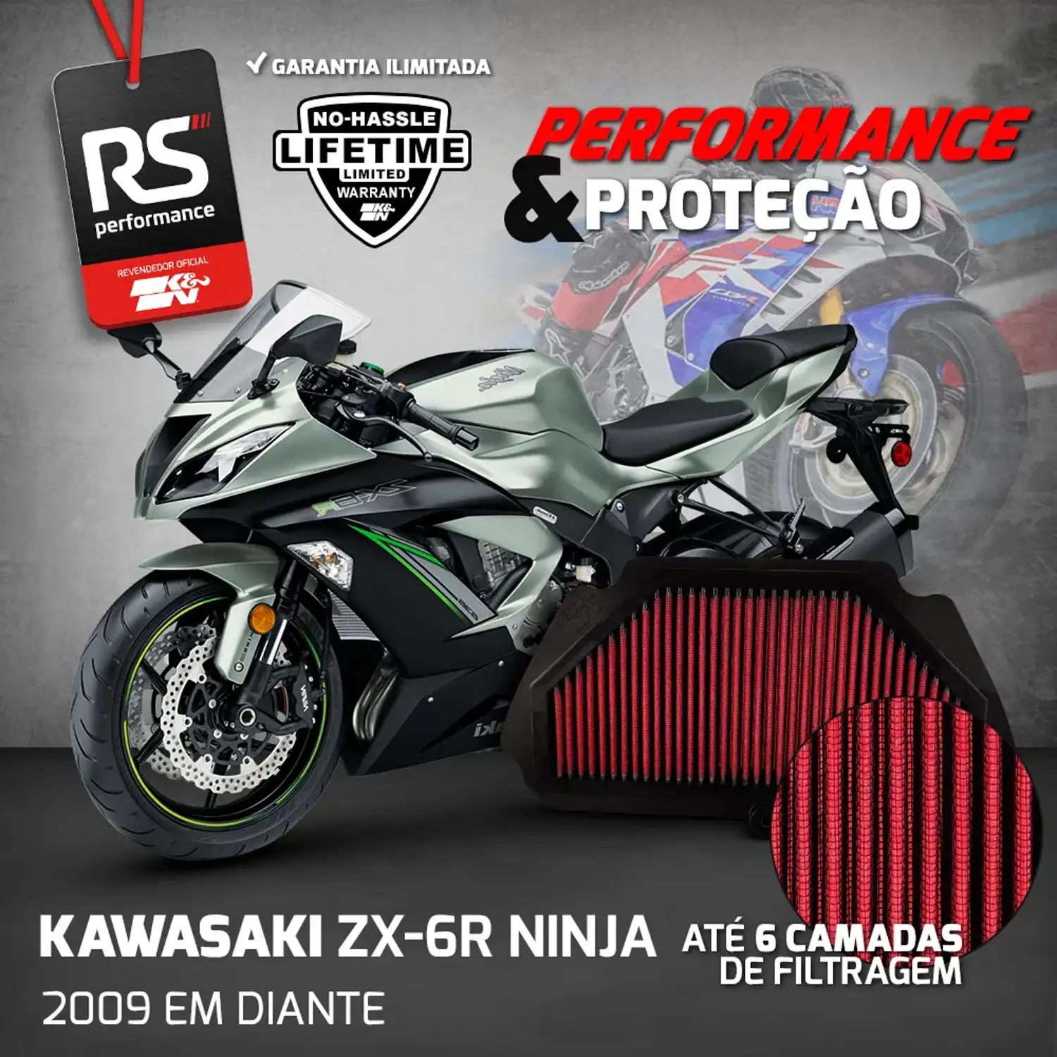 Filtro de Ar Esportivo K&N Kawasaki ZX-6R Ninja 600/636