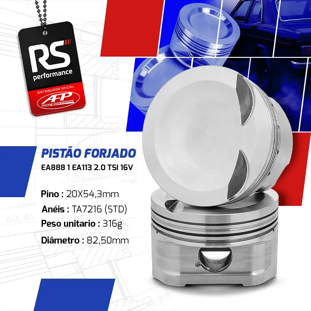 Kit 4 Pistão Forjado Côncavo c/ Cavas AE888 / EA113 2.0 TSI 16V + Pinos 20mm + Anéis