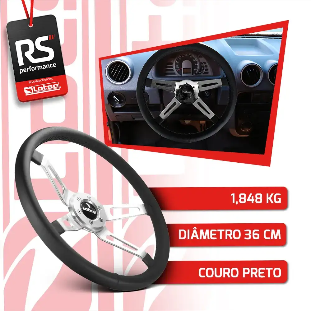 Volante Clássico Four Cromo Em Couro Preto + Cubo Alumínio
