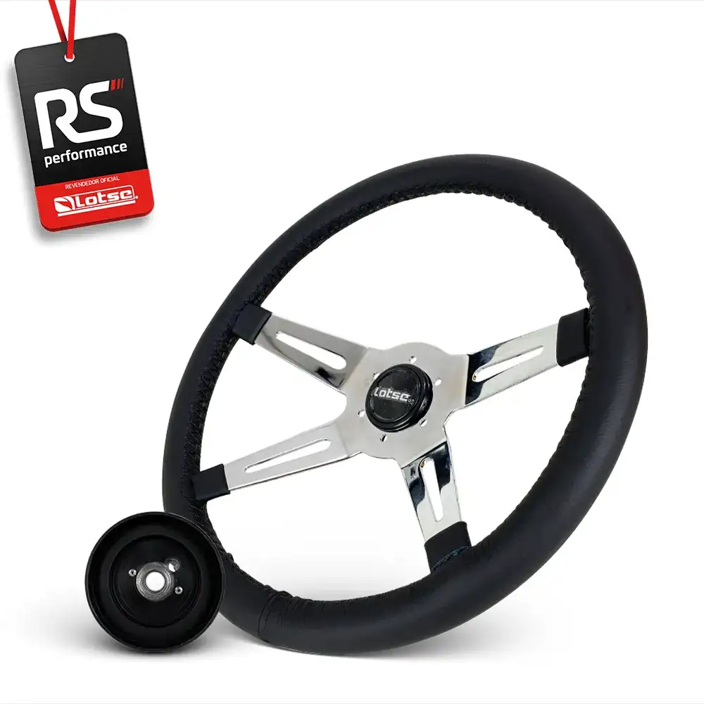 Volante Clássico Four Cromo Em Couro Preto + Cubo Alumínio