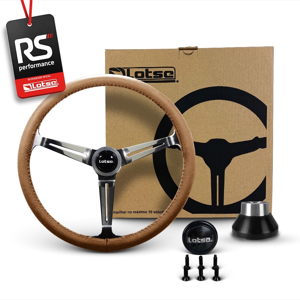 Volante Clássico Lotse Boxer Inox em Couro + Cubo de Alumínio