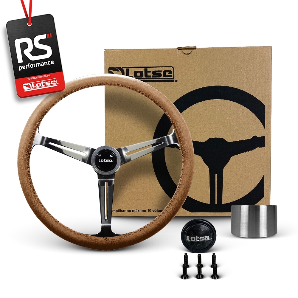 Volante Clássico Lotse Boxer Inox em Couro + Cubo de Alumínio